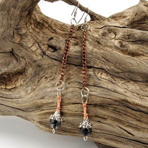 Long Copper Chain Earrings with Crackle Glass Beads